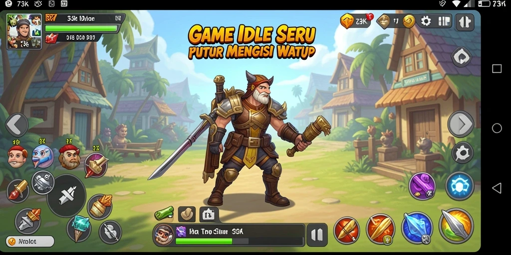 Tampilan gameplay <strong>73K</strong> yang sederhana dan menawan saat mengelola sumber daya.