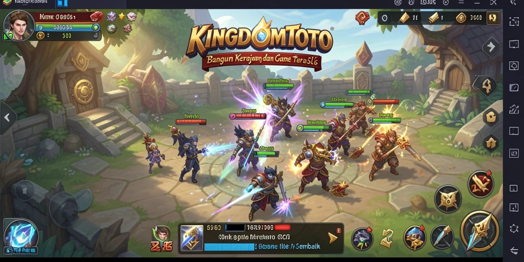Screenshot gameplay KINGDOMTOTO menampilkan pertempuran epik dan pembangunan kerajaan.