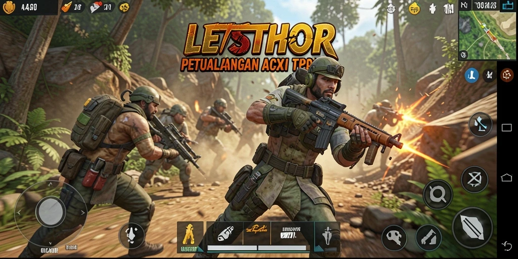 Screenshot dari gameplay LETSTHOR yang menunjukkan aksi pertempuran TPS yang intens.